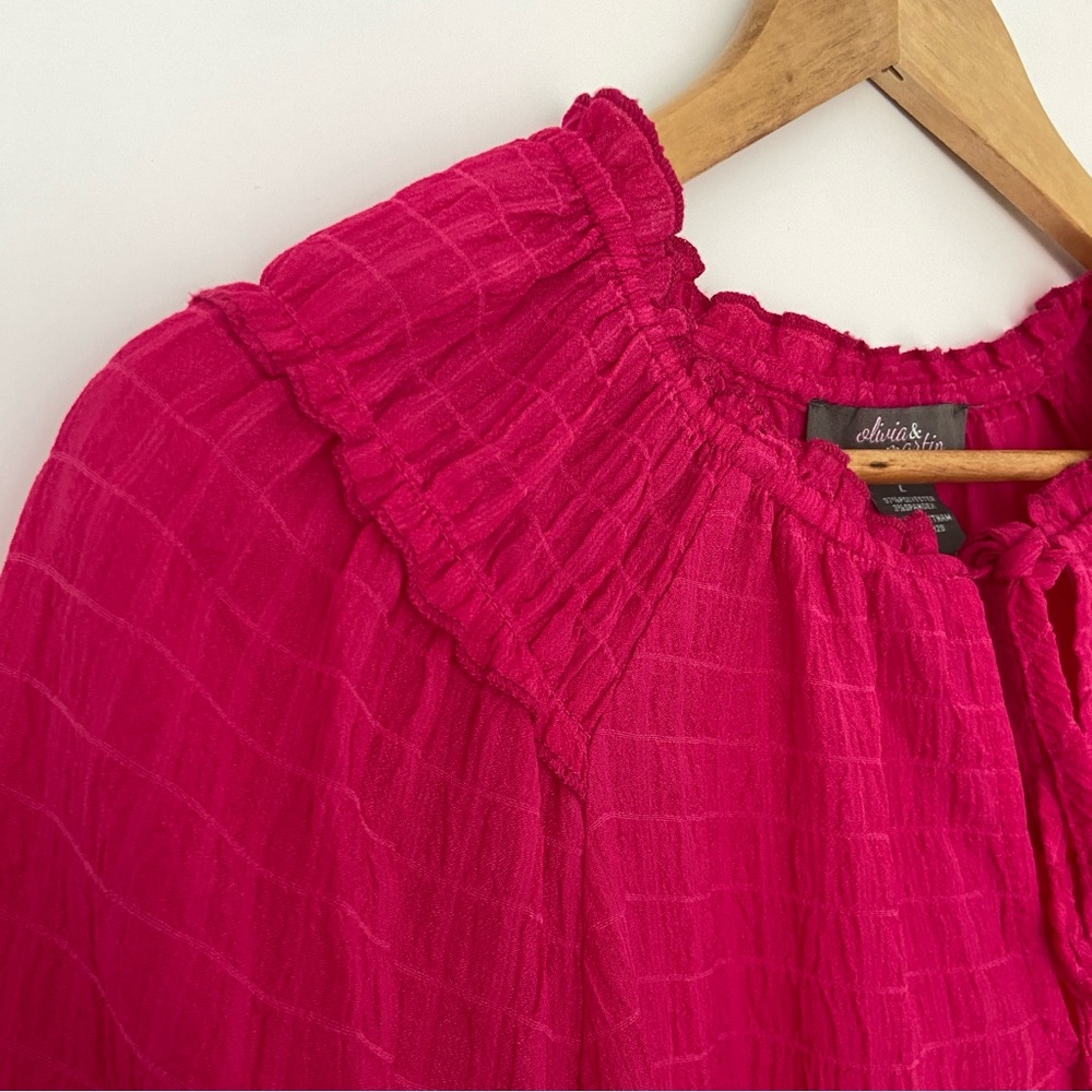 OLIVIA & MARTIN BRIGHT PINK TOP/BLOUSE WITH RUFFLE DETAILS, TIE NECKLINE, LARGE - Picture 4 of 11